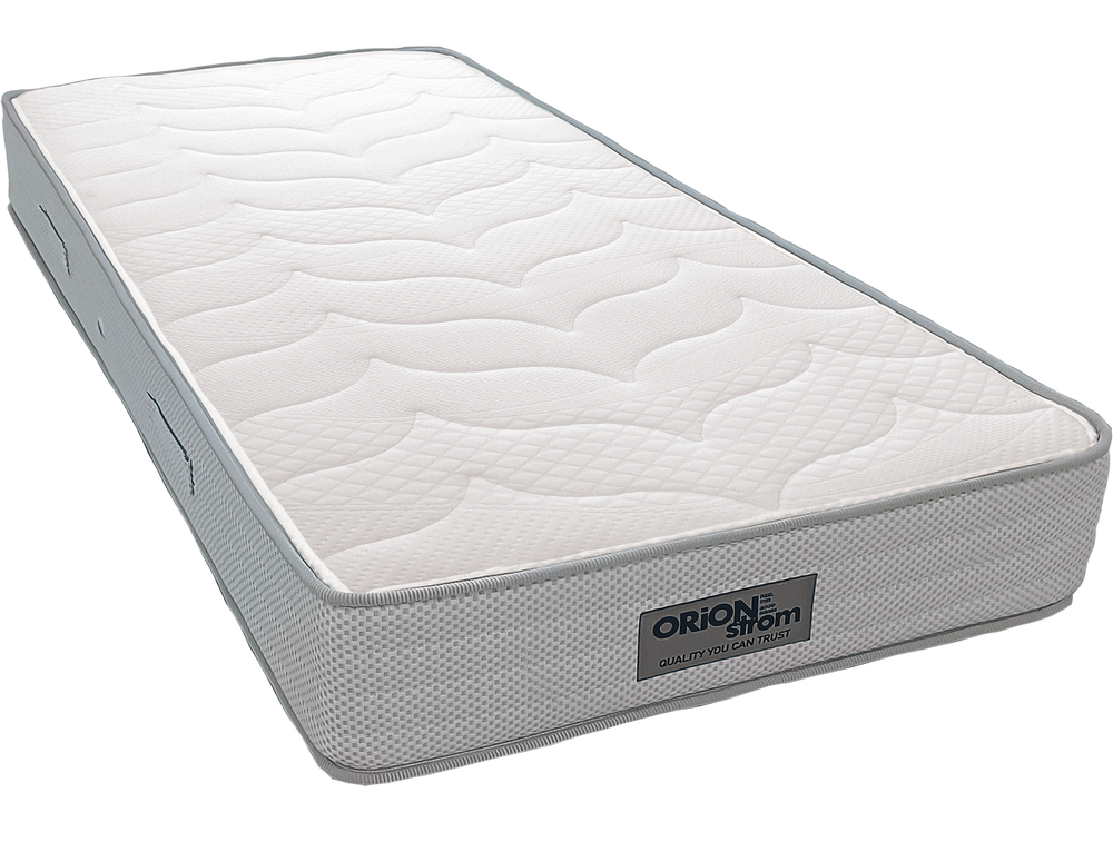 EN1520 Glamour Bonnell — Angled view: white surface with broad wave-shaped stitching and grey edging. Feel: firm. Orthopaedic mattress.