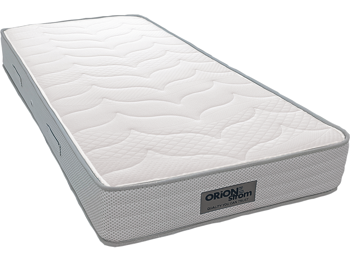 EN1520 Glamour Bonnell — Angled view: white surface with broad wave-shaped stitching and grey edging. Feel: firm. Orthopaedic mattress.