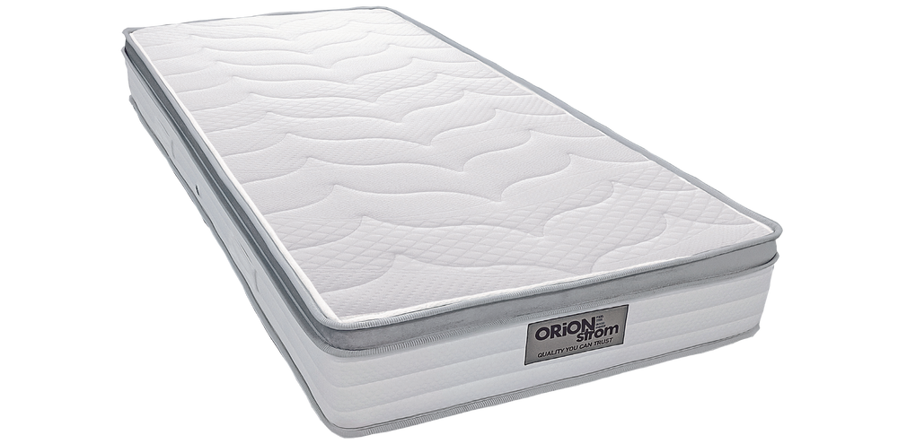 EN1521 Glamour Bonnell Pillowtop — Angled view: white surface with broad wave-shaped stitching and grey edging. Feel: medium-firm. Orthopaedic mattress.