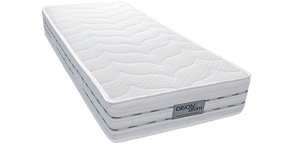 EN1522 Glamour Pocket — Angled view: white surface with broad wave-shaped stitching and grey edging. Feel: medium-firm. Orthopaedic mattress.