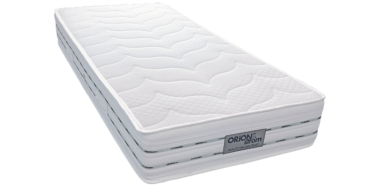 EN1522 Glamour Pocket — Angled view: white surface with broad wave-shaped stitching and grey edging. Feel: medium-firm. Orthopaedic mattress.