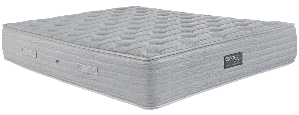 EN1525 Silk HR 3500 Foam — Angled view: white geometric quilting and horizontal stitching on the sides. Feel: medium. Anatomical mattress.