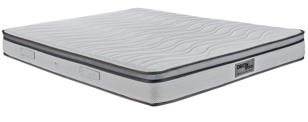 EN15 WHITE PLUS PILLOWTOP — Angled view: white top with wave-shaped stitching and a narrow dark trim. Feel: medium-firm. Orthopaedic mattress.