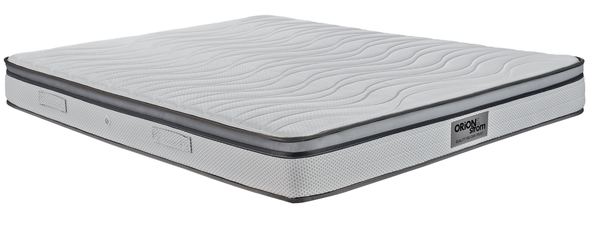 EN15 WHITE PLUS PILLOWTOP — Πλάγια όψη: λευκή επιφάνεια με κυματιστές ραφές και λεπτό σκούρο περίγραμμα. Αίσθηση: μέτρια προς σκληρή. Ορθοπεδικό στρώμα.