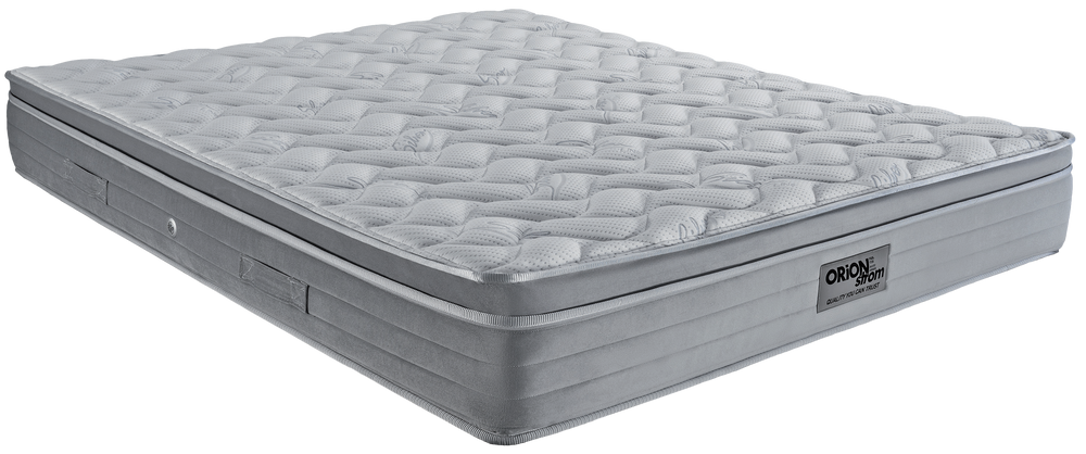 EN16 SILVER SOFT PLUS PILLOWTOP — Angled view: white curved quilting, a grey border and narrow dark edging. Feel: medium-firm. Orthopaedic mattress.
