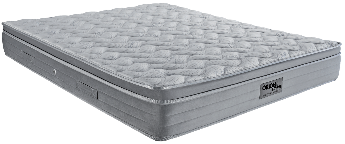 EN36 SILVER SOFT PLUS PILLOWTOP POCKET — Angled view: white curved quilting, a grey border and narrow dark edging. Feel: medium. Anatomical mattress.