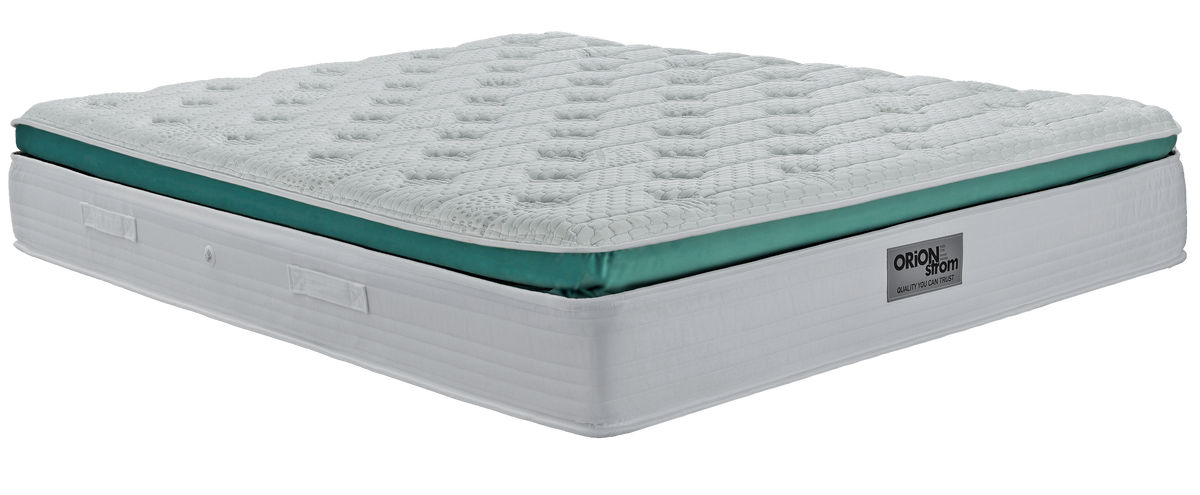 EN18 MEDITATION MEMORYGEL SOFT EXTRA PLUS G-PILLOWTOP — Angled view: white quilted top with a green band below the upper panel. Feel: medium-soft. Orthopaedic mattress.