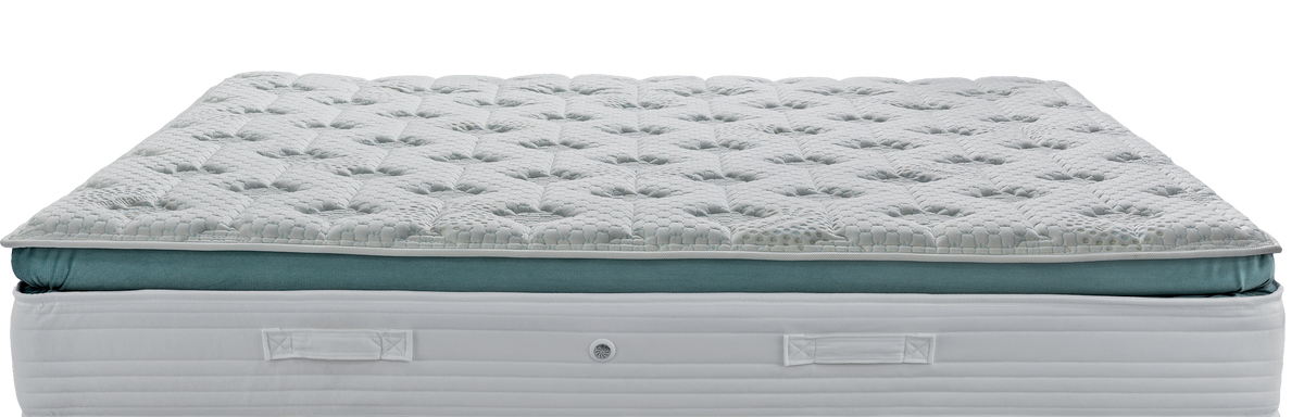 EN18 MEDITATION MEMORYGEL SOFT EXTRA PLUS G-PILLOWTOP — Front view: white quilted top with a green band below the upper panel. Feel: medium-soft. Orthopaedic mattress.