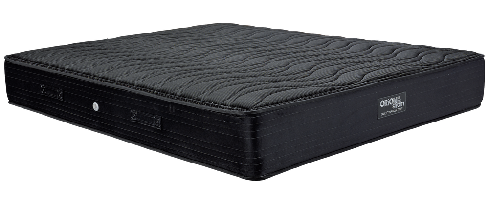 EN200 Black Glamour High Pocket — Angled view: black top with wave-shaped stitching and a dark border. Feel: medium-firm. Anatomical mattress.