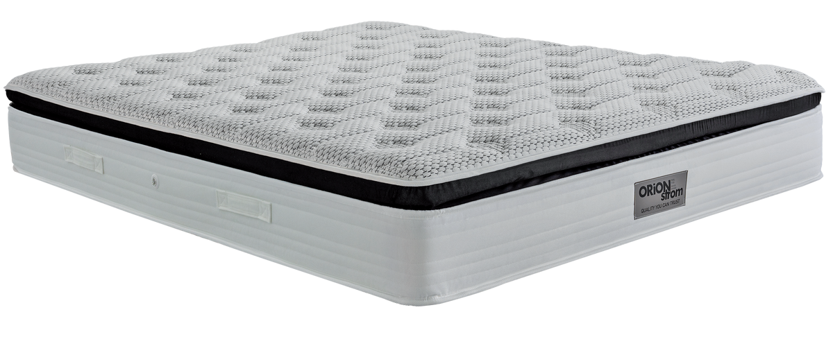 EN20 DIAMOND MEMORYGEL LATEX EXTRA HR G-PILLOWTOP — Angled view: white quilted top with a black band around the edge. Feel: medium. Orthopaedic mattress.