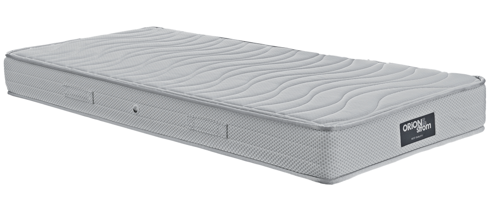 EN21 WHITE POCKET — Angled view: white top with wave-shaped stitching and a light-grey fabric border. Feel: firm. Anatomical mattress.