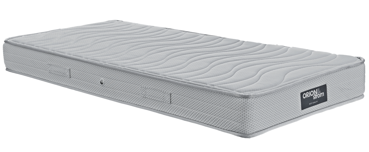 EN21 WHITE POCKET — Angled view: white top with wave-shaped stitching and a light-grey fabric border. Feel: firm. Anatomical mattress.