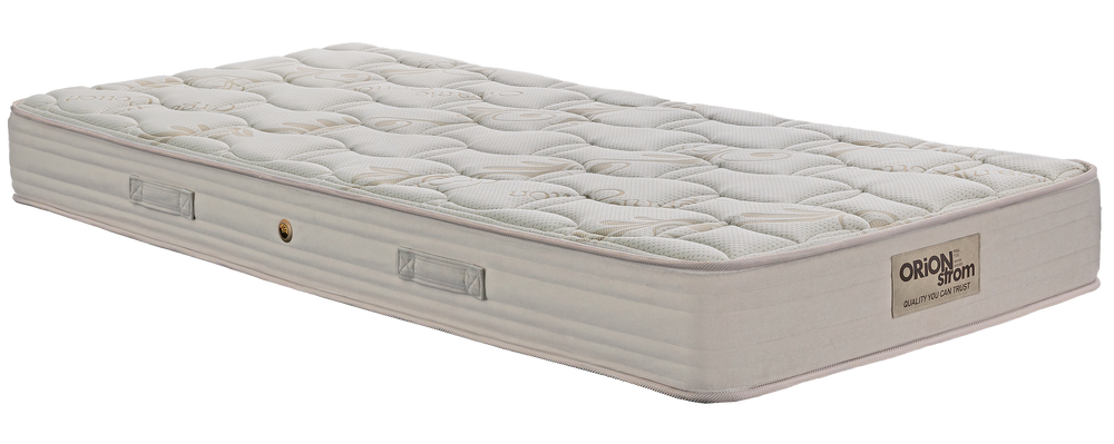 EN22 ORGANIC COTTON POCKET — Angled view: cream quilted top, beige border and fabric handles. Feel: medium-firm. Anatomical mattress.