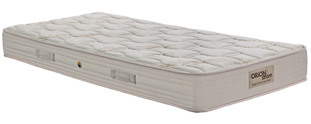 EN22 ORGANIC COTTON POCKET — Angled view: cream quilted top, beige border and fabric handles. Feel: medium-firm. Anatomical mattress.