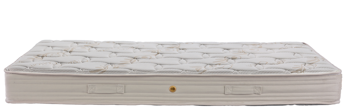 EN22 ORGANIC COTTON POCKET — Front view: cream quilted top, beige border and fabric handles. Feel: medium-firm. Anatomical mattress.