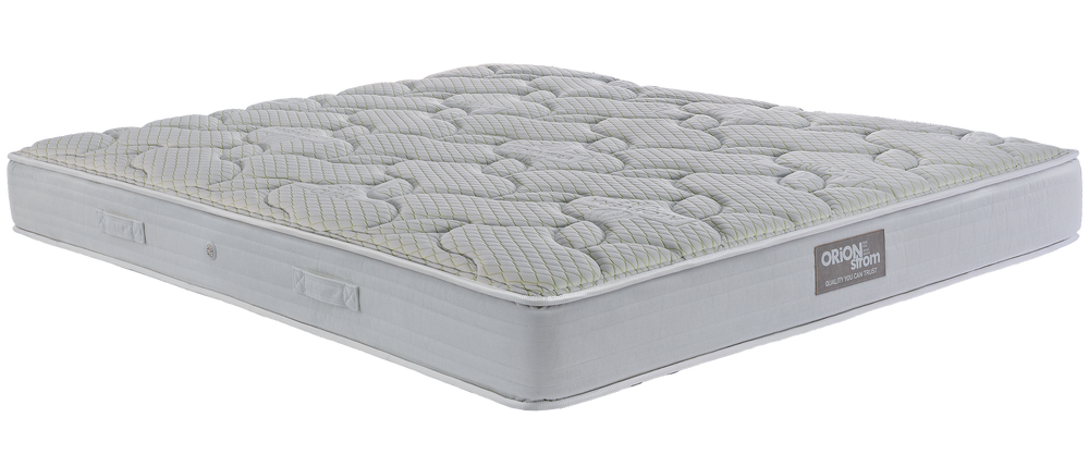 EN23 ALOEVERA POCKET — Angled view: white quilting with rounded curves and a light-grey fabric border. Feel: medium-firm. Anatomical mattress.