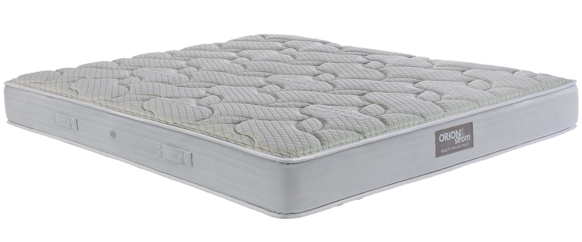 EN23 ALOEVERA POCKET — Angled view: white quilting with rounded curves and a light-grey fabric border. Feel: medium-firm. Anatomical mattress.