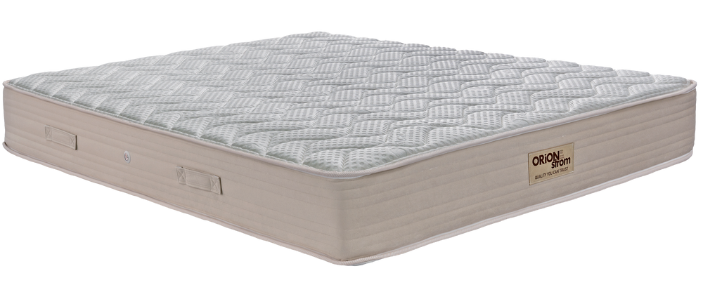EN25 LUX NATURE POCKET — Angled view: white textured top and a beige border with handles. Feel: medium-firm. Anatomical mattress.