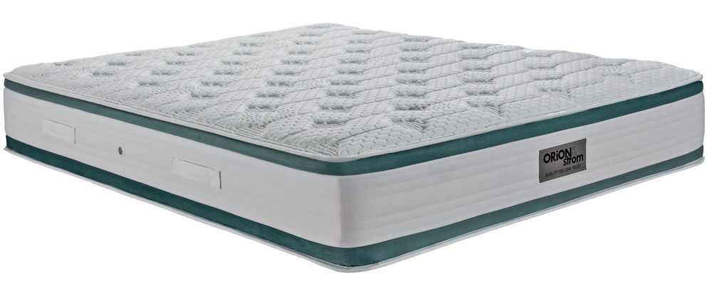 EN29 MEDITATION MEMORYGEL EXTRA PLUS POCKET — Angled view: white quilted top with a green band below the upper panel. Feel: medium. Anatomical mattress.