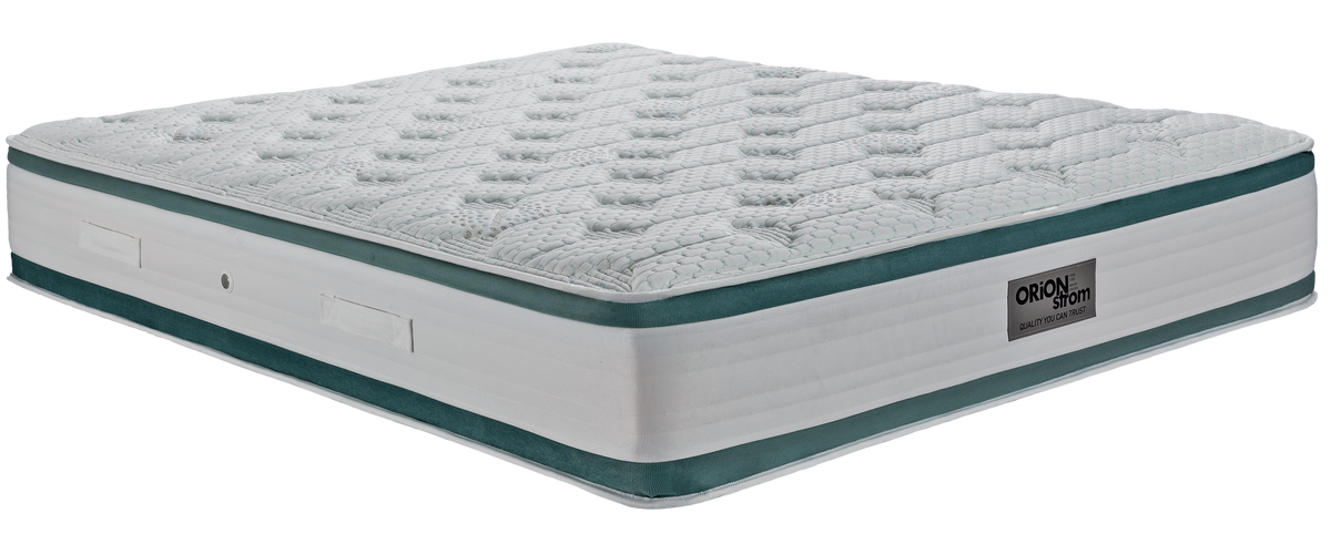 EN29 MEDITATION MEMORYGEL EXTRA PLUS POCKET — Angled view: white quilted top with a green band below the upper panel. Feel: medium. Anatomical mattress.
