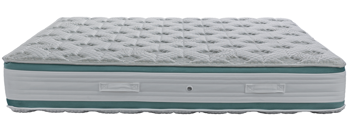 EN29 MEDITATION MEMORYGEL EXTRA PLUS POCKET — Front view: white quilted top with a green band below the upper panel. Feel: medium. Anatomical mattress.