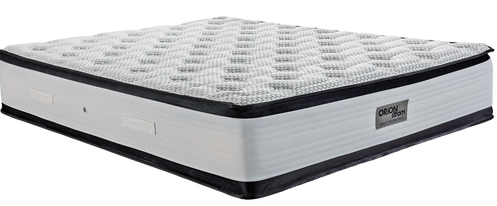 EN34 DIAMOND LATEX SUPER HR ORIONZONE HIGH POCKET — Angled view: white quilted top with a black band around the edge. Feel: medium. Anatomical mattress.
