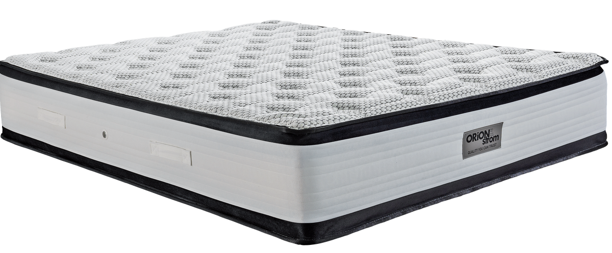 EN34 DIAMOND LATEX SUPER HR ORIONZONE HIGH POCKET — Angled view: white quilted top with a black band around the edge. Feel: medium. Anatomical mattress.