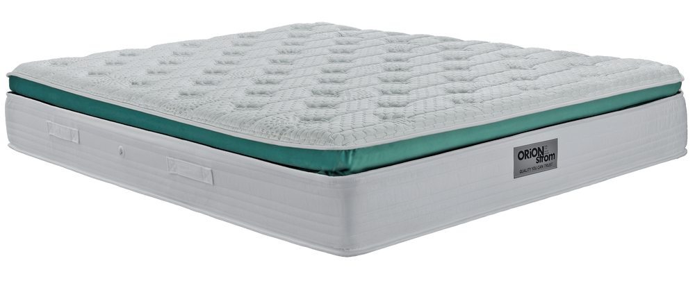 EN38 MEDITATION MEMORYGEL SOFT EXTRA PLUS G-PILLOWTOP POCKET — Angled view: white quilted top with a green band below the upper panel. Feel: soft. Anatomical mattress.