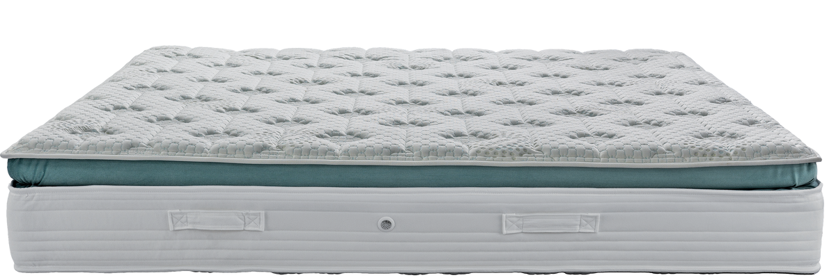 EN39 MEDITATION LATEX SOFT EXTRA PLUS G-PILLOWTOP POCKET — Front view: white quilted top with a green band below the upper panel. Feel: soft. Anatomical mattress.