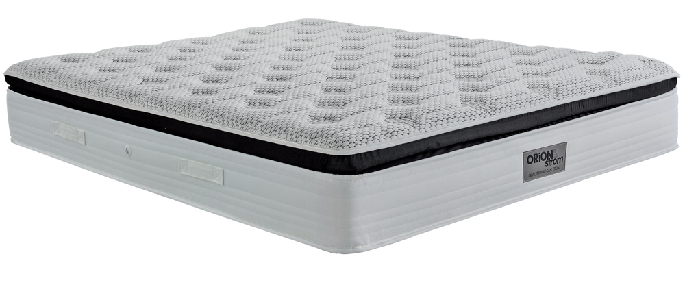 EN40 DIAMOND MEMORYGEL LATEX EXTRA HR G-PILLOWTOP ORIONZONE POCKET — Angled view: white quilted top with a black band around the edge. Feel: medium. Anatomical mattress.