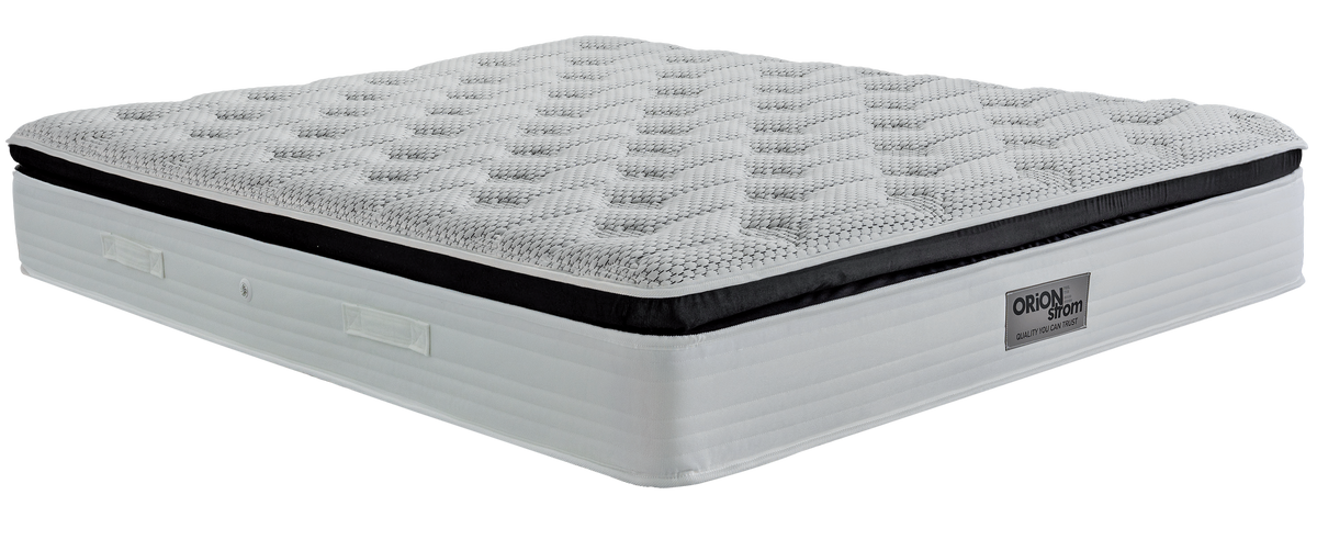 EN40 DIAMOND MEMORYGEL LATEX EXTRA HR G-PILLOWTOP ORIONZONE POCKET — Angled view: white quilted top with a black band around the edge. Feel: medium. Anatomical mattress.