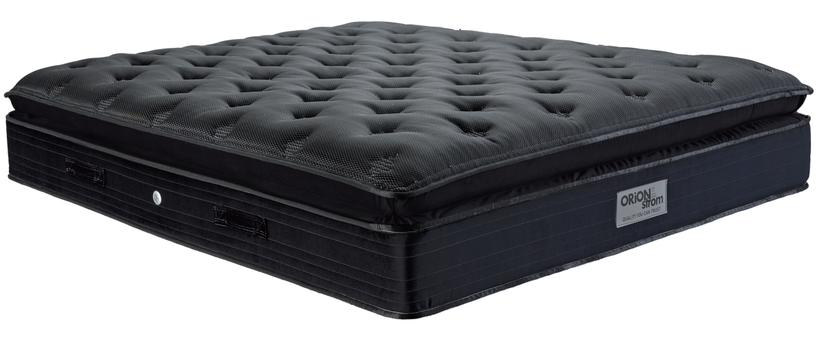 EN41 BLACK MEMORYGEL SOFT AFROLATEX G-PILLOWTOP ORIONZONE HIGH POCKET — Angled view: black deeply quilted top and a dark fabric border. Feel: soft. Anatomical mattress.