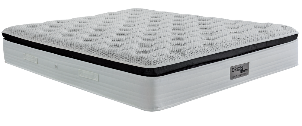 EN42 DIAMOND MEMORYGEL HR G-PILLOWTOP DOUBLE POCKET — Angled view: white quilted top with a black band around the edge. Feel: medium. Anatomical mattress.