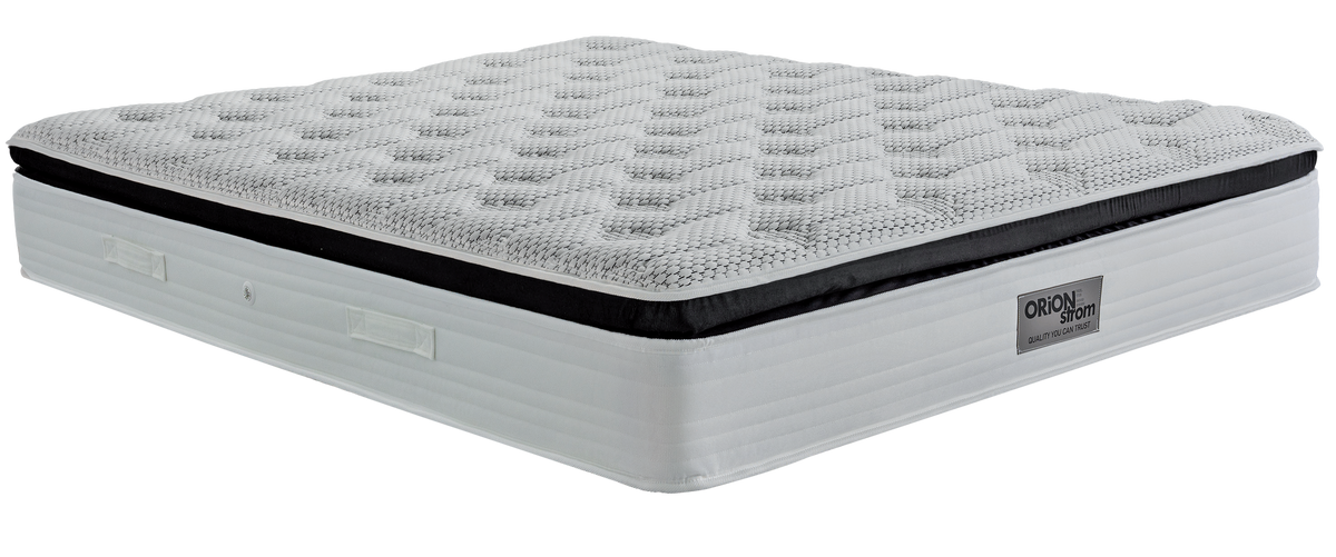 EN42 DIAMOND MEMORYGEL HR G-PILLOWTOP DOUBLE POCKET — Angled view: white quilted top with a black band around the edge. Feel: medium. Anatomical mattress.
