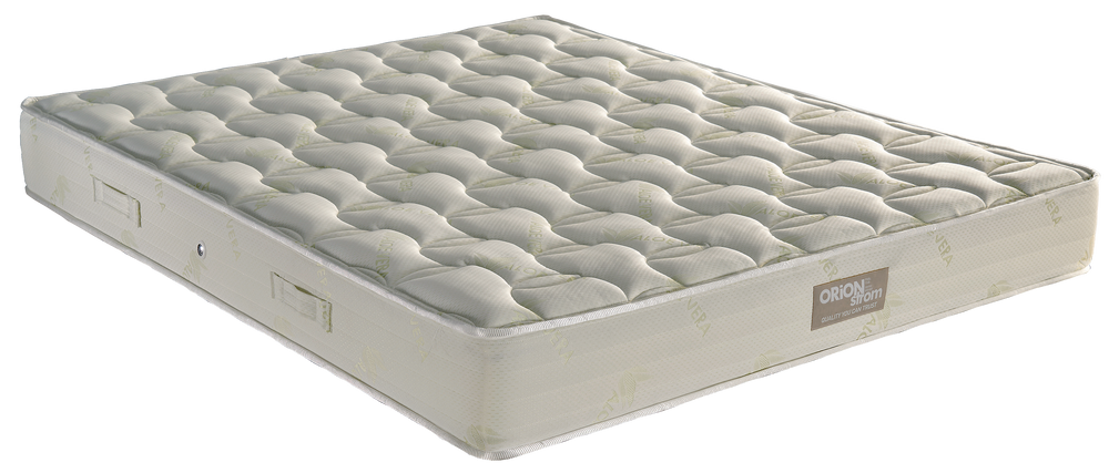 EN55 Aloevera Foam 250 — Angled view: cream top with curved quilting and a light-coloured border. Feel: medium-firm. Anatomical mattress.