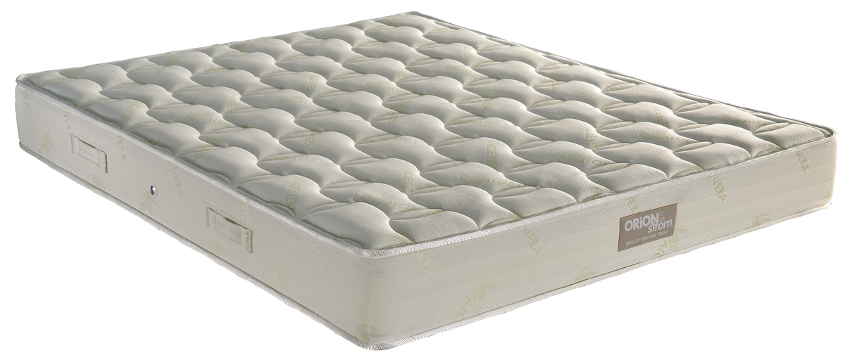 EN55 Aloevera Foam 250 — Angled view: cream top with curved quilting and a light-coloured border. Feel: medium-firm. Anatomical mattress.
