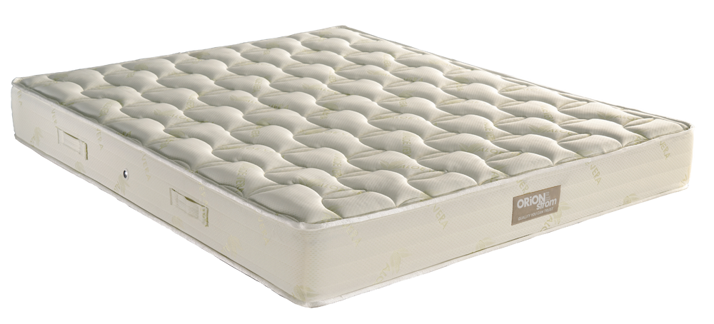 EN56 Aloe Vera Foam 900/250 — Angled view: cream top with curved quilting and a light-coloured border. Feel: soft. Anatomical mattress.