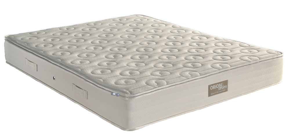 EN57 Best Foam Flexible — Angled view: light-coloured quilted top with circular motifs and stitched edges. Feel: medium-soft. Anatomical mattress.