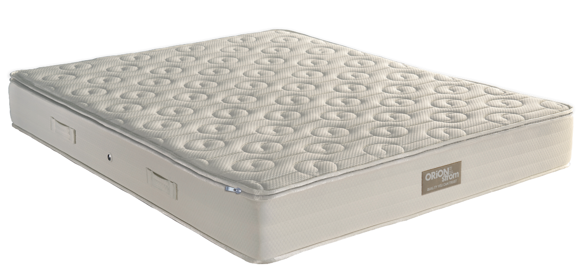 EN57 Best Foam Flexible — Angled view: light-coloured quilted top with circular motifs and stitched edges. Feel: medium-soft. Anatomical mattress.