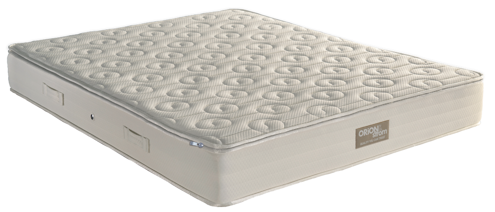 EN58 Best Foam 5000 Heavy — Angled view: light-coloured quilted top with circular motifs and stitched edges. Feel: very firm. Anatomical mattress.