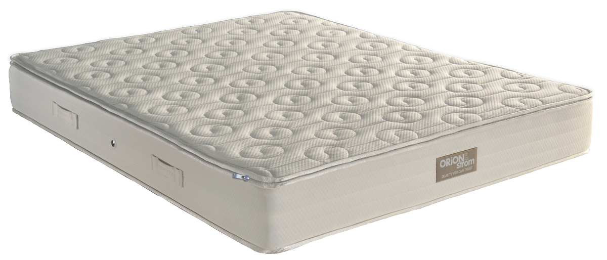 EN58 Best Foam 5000 Heavy — Angled view: light-coloured quilted top with circular motifs and stitched edges. Feel: very firm. Anatomical mattress.