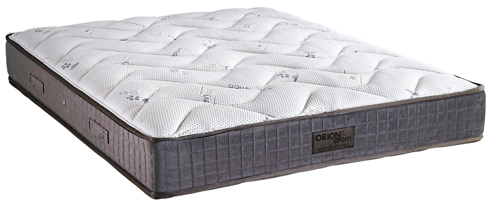 5001 Comfort Silvercare Extra Plus — Πλάγια όψη: λευκή γεωμετρική καπιτονέ επιφάνεια και σκούρο γκρι πλαϊνό ύφασμα. Αίσθηση: μέτρια προς σκληρή. Ορθοπεδικό στρώμα.