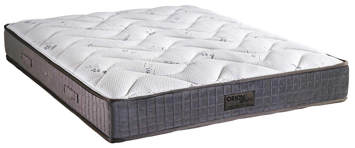 5001 Comfort Silvercare Extra Plus — Πλάγια όψη: λευκή γεωμετρική καπιτονέ επιφάνεια και σκούρο γκρι πλαϊνό ύφασμα. Αίσθηση: μέτρια προς σκληρή. Ορθοπεδικό στρώμα.