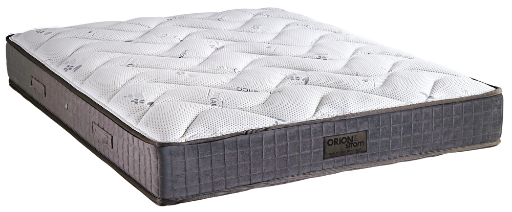 5002 Comfort Silvercare Extra Plus Pocket — Πλάγια όψη: λευκή γεωμετρική καπιτονέ επιφάνεια και σκούρο γκρι πλαϊνό ύφασμα. Αίσθηση: μέτρια. Ανατομικό στρώμα.
