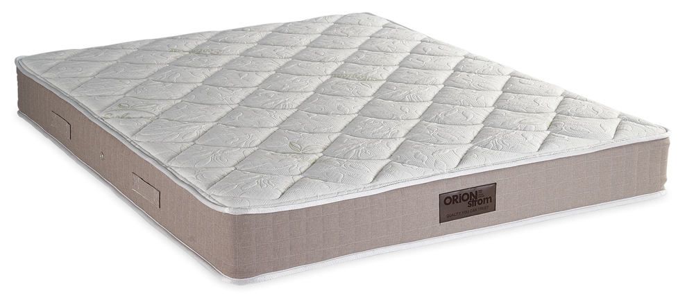 501 Comfort Eco Extra — Πλάγια όψη: ανοιχτόχρωμη ανάγλυφη επιφάνεια και μπεζ-γκρι πλαϊνή φάσα. Αίσθηση: μέτρια προς σκληρή. Ορθοπεδικό στρώμα.