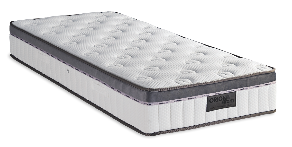 5115 Comfort Hotel Deluxe Memory Gel Latex Tablet Plus Pocket Pillowtop — Angled view: white deeply quilted top and a border with vertical stitching. Feel: very soft. Anatomical mattress.