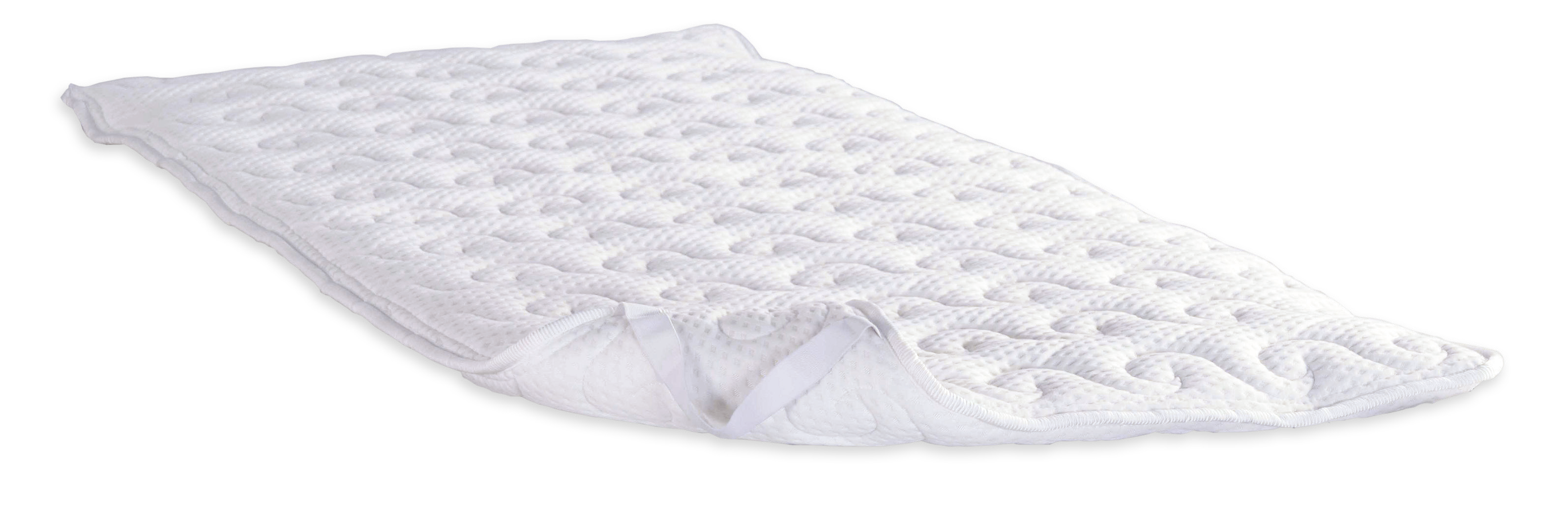 5118 Comfort Hotel Deluxe Hyper Soft — Close-up of the right corner: thin white quilted fabric with raised curved motifs and a stitched edge.