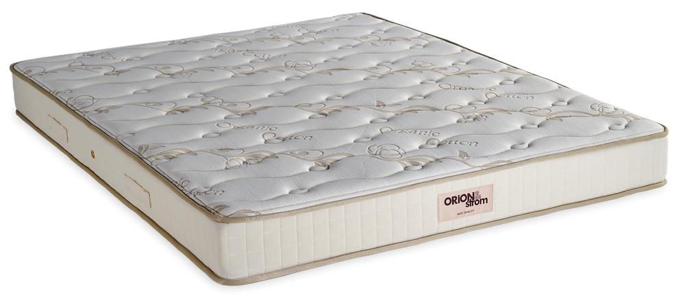 517 Comfort Organic Cotton HR Coco — Πλάγια όψη: ανοιχτόχρωμη καπιτονέ επιφάνεια με διακριτικό τυπωμένο σχέδιο και εκρού πλαϊνή φάσα. Αίσθηση: πολύ σκληρή. Ορθοπεδικό στρώμα.