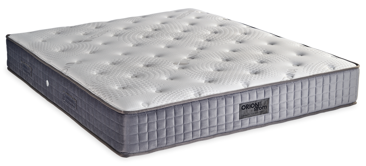 548 Comfort Avisenna Cotton Wool Extra Latex Tablet — Angled view: white top with wave-shaped stitching and a grey quilted border. Feel: medium-soft. Orthopaedic mattress.