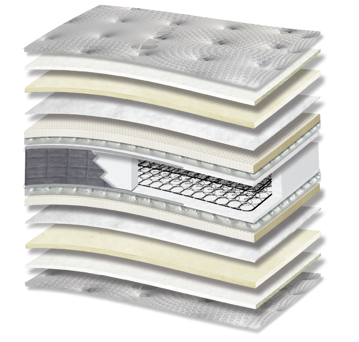 548 Comfort Avisenna Cotton Wool Extra Latex Tablet: 15-layer cutaway. Materials: cover fabric, cotton wadding, wool wadding, non-woven, latex, Tablet micro-springs, Kevlar and Bonnell springs. The illustration includes beige tones. latex for elastic response. The interconnected spring core provides continuous orthopaedic support for the body. Overall feel: medium-soft.